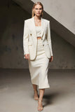 Ivory Pencil Notched Lapel 2 Piece Midi Business Suits with Slit
