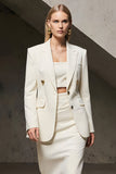 Ivory Pencil Notched Lapel 2 Piece Midi Business Suits with Slit