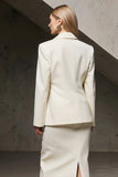 Ivory Pencil Notched Lapel 2 Piece Midi Business Suits with Slit