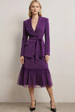 Dark Purple 2 Piece Midi Notched Lapel Business Suits with Sash