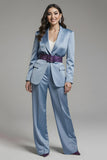 Grey Blue Long Sleeves 2 Piece Notched Lapel Business Suits with Belt