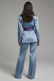 Grey Blue Long Sleeves 2 Piece Notched Lapel Business Suits with Belt