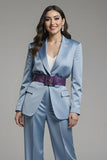 Grey Blue Long Sleeves 2 Piece Notched Lapel Business Suits with Belt