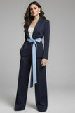 Navy 2 Piece Bow Notched Lapel Business Suits with Sash
