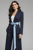 Navy 2 Piece Bow Notched Lapel Business Suits with Sash