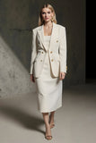 Ivory Double Breasted 2 Piece Pencil Midi Business Suits with Slit
