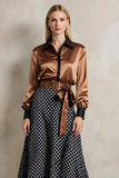 Brown Black Dots Collar Neck A Line Midi 2 Piece Workwear with Belt
