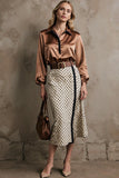 Brown White Pencil Dots Collar Neck 2 Piece Midi Workwear with Belt