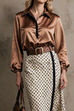 Brown White Pencil Dots Collar Neck 2 Piece Midi Workwear with Belt