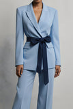 Light Blue 2 Piece Long Sleeves Peak Lapel Business Suits with Sash