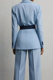 Light Blue 2 Piece Long Sleeves Peak Lapel Business Suits with Sash