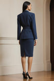 Navy 2 Piece Long Sleeves Notched Lapel Business Suits with Belt