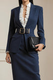 Navy 2 Piece Long Sleeves Notched Lapel Business Suits with Belt