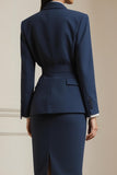 Navy 2 Piece Long Sleeves Notched Lapel Business Suits with Belt