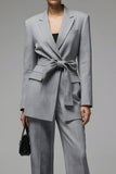 Grey 2 Piece Slim Fit Notched Lapel Long Sleeves Business Suits