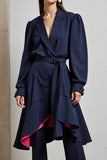 Navy 2 Piece Long Sleeves Peak Lapel Business Outfits