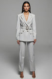 Grey 2 Piece Long Sleeves Notched Lapel Business Suits with Belt
