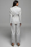 Grey 2 Piece Long Sleeves Notched Lapel Business Suits with Belt