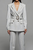 Grey 2 Piece Long Sleeves Notched Lapel Business Suits with Belt