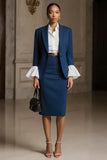 Navy Peak Lapel 3 Piece Pencil Long Sleeves Midi Business Suits