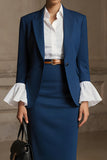 Navy Peak Lapel 3 Piece Pencil Long Sleeves Midi Business Suits