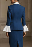Navy Peak Lapel 3 Piece Pencil Long Sleeves Midi Business Suits