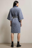 Blue Tweed Pencil Collar Neck Long Sleeves Midi Work Dress