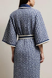 Blue Tweed Pencil Collar Neck Long Sleeves Midi Work Dress