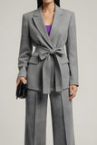 Grey Long Sleeves Notched Lapel Business Suits with Belt