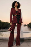 Burgundy Long Sleeves Notched Lapel Business Suits with Belt