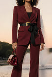 Burgundy Long Sleeves Notched Lapel Business Suits with Belt