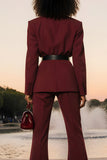 Burgundy Long Sleeves Notched Lapel Business Suits with Belt