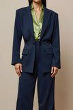 Navy Notched Long Sleeves Lapel 2 Piece Business Suits with Pockets