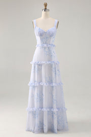 Blue Floral Chiffon Corset Tiered Maxi Wedding Guest Dress with Ruffles