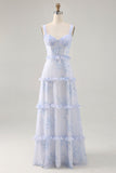 Blue Corset Floral Chiffon Maxi Wedding Guest Dress with Ruffles