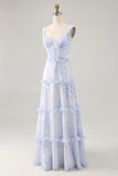 Blue Floral Chiffon Corset Tiered Maxi Wedding Guest Dress with Ruffles