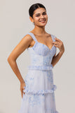Blue Corset Floral Chiffon Maxi Wedding Guest Dress with Ruffles