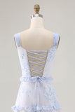 Blue Floral Chiffon Corset Tiered Maxi Wedding Guest Dress with Ruffles