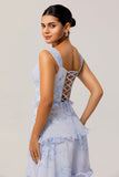 Blue Corset Floral Chiffon Maxi Wedding Guest Dress with Ruffles