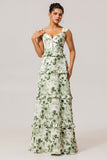 Green Floral Corset A Line Long Wedding Guest Dress with Ruffles