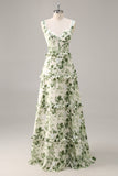 Green Floral Corset A Line Long Wedding Guest Dress with Ruffles