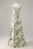 Green Floral Corset A Line Long Wedding Guest Dress with Ruffles