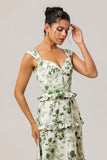 Green Floral Corset A Line Long Wedding Guest Dress with Ruffles