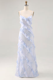 Blue Floral Chiffon Maxi Criss Cross Back Wedding Guest Dress with Ruffles