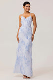 Blue Floral Chiffon Maxi Criss Cross Back Wedding Guest Dress with Ruffles