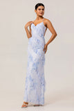 Blue Floral Chiffon Spaghetti Straps Long Wedding Guest Dress with Ruffles