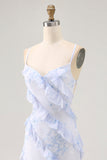 Blue Floral Chiffon Maxi Criss Cross Back Wedding Guest Dress with Ruffles