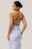 Blue Floral Chiffon Spaghetti Straps Long Wedding Guest Dress with Ruffles