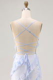 Blue Floral Chiffon Maxi Criss Cross Back Wedding Guest Dress with Ruffles