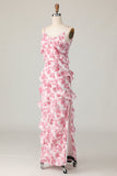 Maxi Blush Flower Sheath Ruffled Wedding Guest Dress with Slit